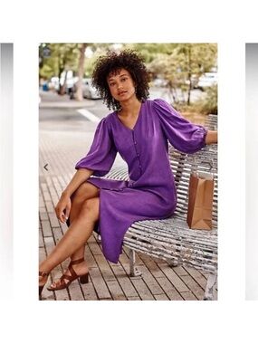J. Jill Purple Linen Blend Puff Sleeve Button-Front Midi Dress maxi Size Medium